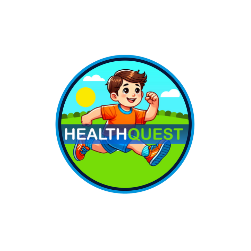 Cartoon boy running, HealthQuest logo