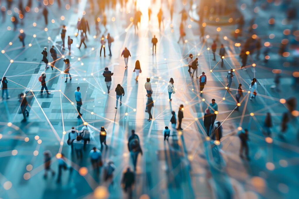 Connected people in city with network overlay.